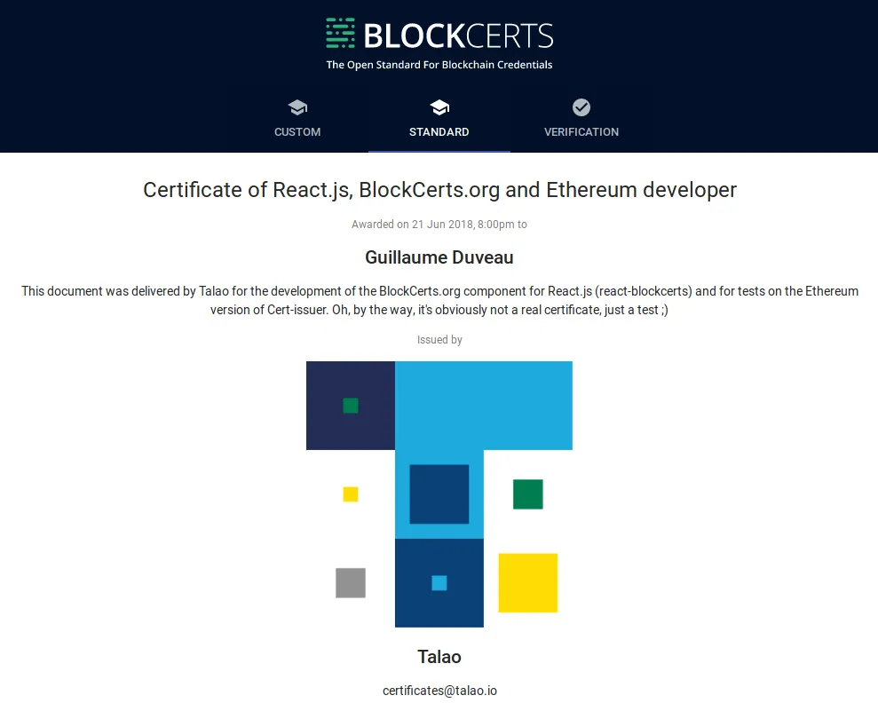 React component to display a Blockcerts certificate